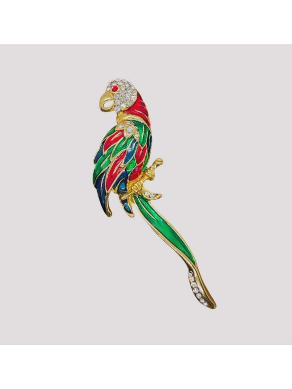 Large 4" Long Colorful Parrot Macaw Brooch Enamel Rhinestone Gold Tone - Picture 2 of 4